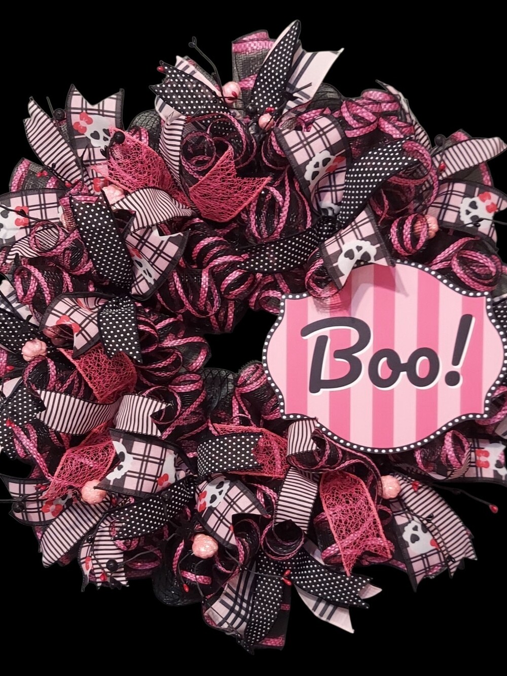 Hand Crafted Pink & Black 'Boo!' Halloween Wreath
